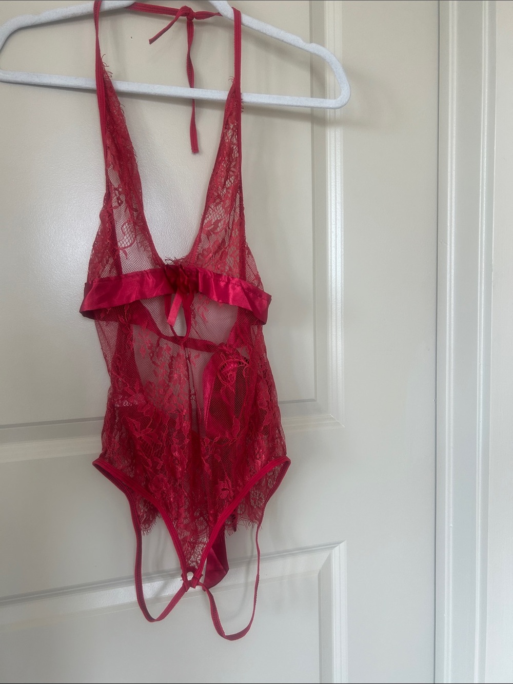 Red Lace Halter Teddy with Satin Trim - Unbranded